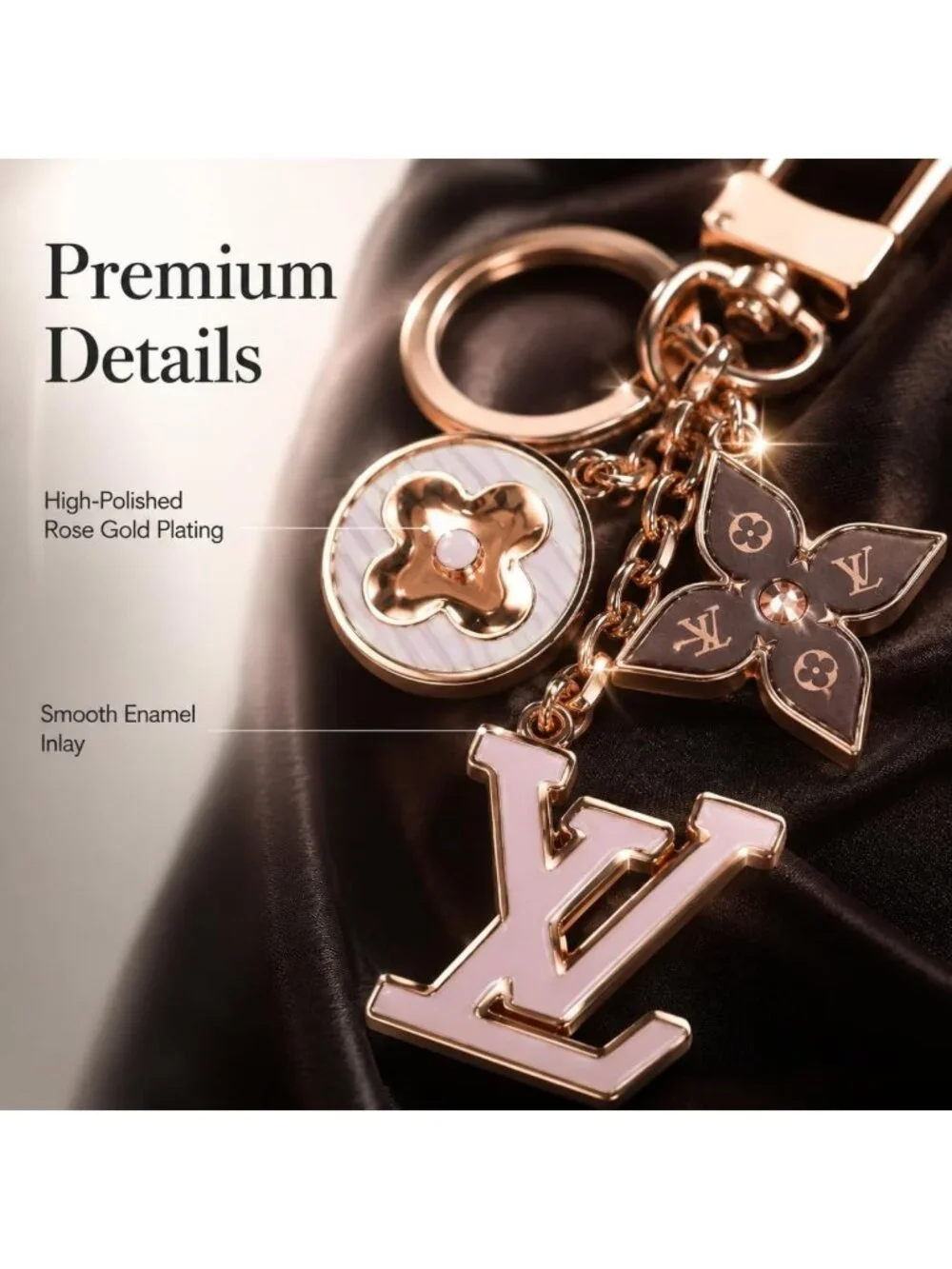 Chic Luxury Bag Accessories & Keychains - Gold Metal, Pink Enamel, Floral Design